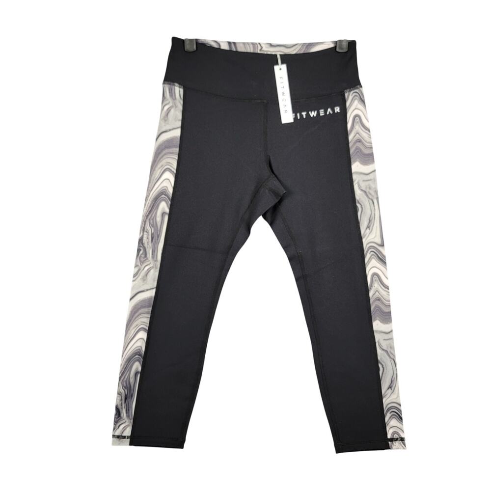 Fitwear Womens Small Black Marble Side Panel Cropped Leggings NWT